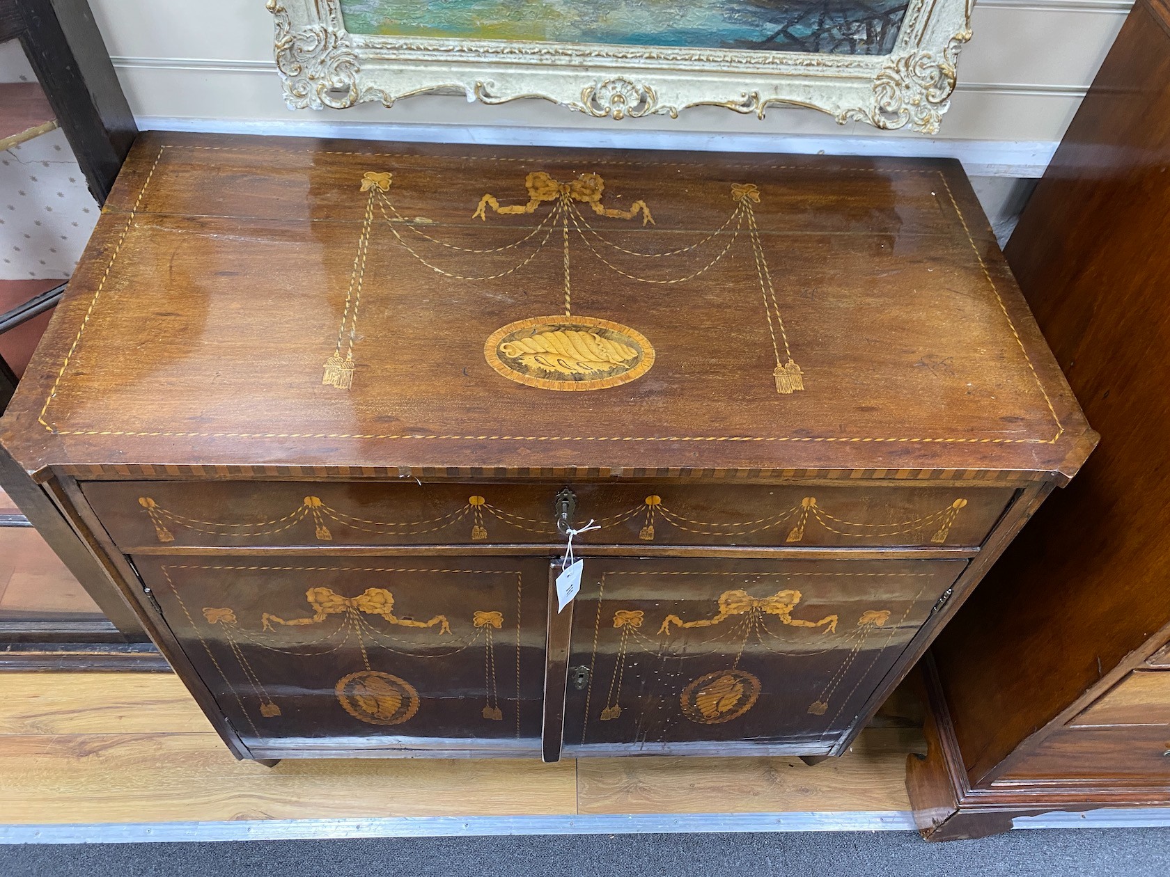 A 19th century Dutch mahogany and marquetry side cabinet width 99cm, depth 49cm, height 87cm